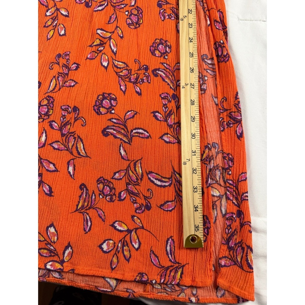 Timing Orange Floral Pleated Plissé Maxi Dress Womens V-Neck Boho Cap Sleeve - Picture 4 of 6